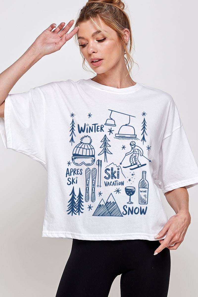 CTS-E3188 Ski Doodle Graphic Relaxed Crop Top $11