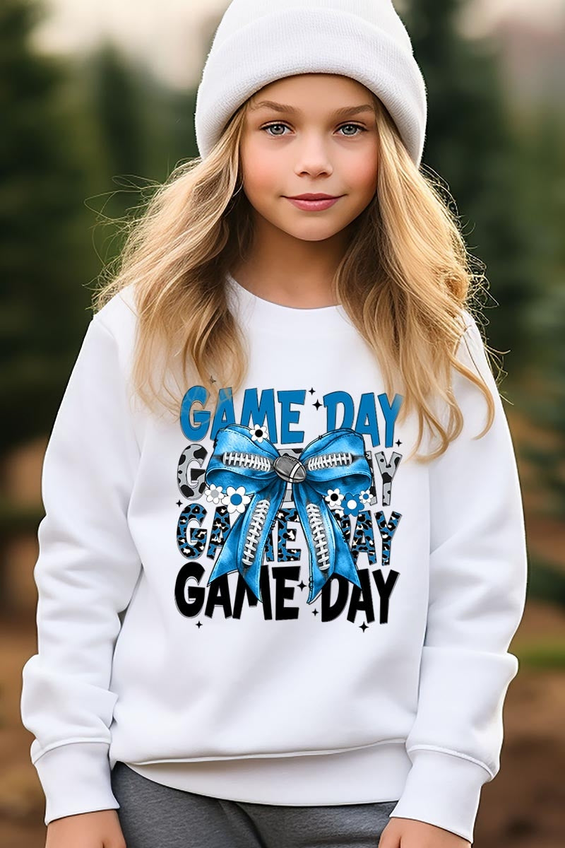 UL180B-E3089Z Blue Silver Football Game Day Bow Kids Sweatshirt $20