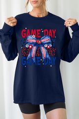 UL240P-E3087 Red Blue Football GameDay Bow Plus Long Sleeve Tee $17