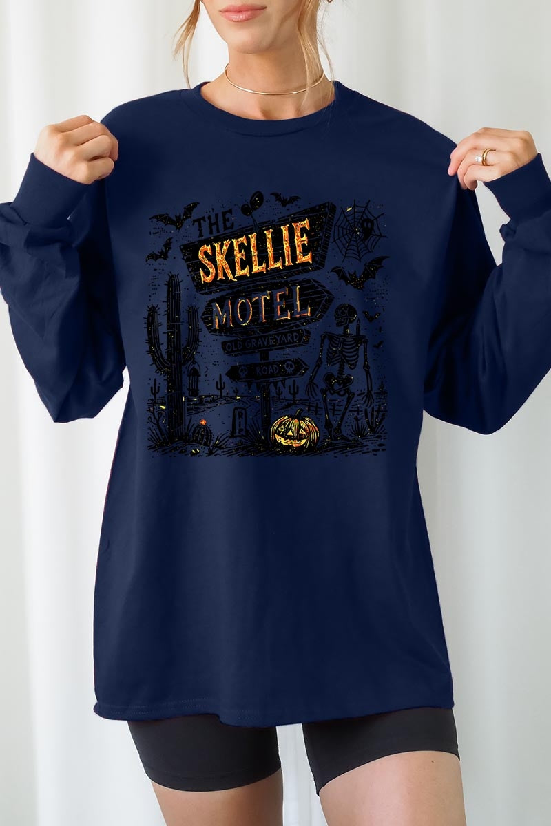 UL240-E3108 Skellie Motel Halloween Graphic Long Sleeve Tee $13.75