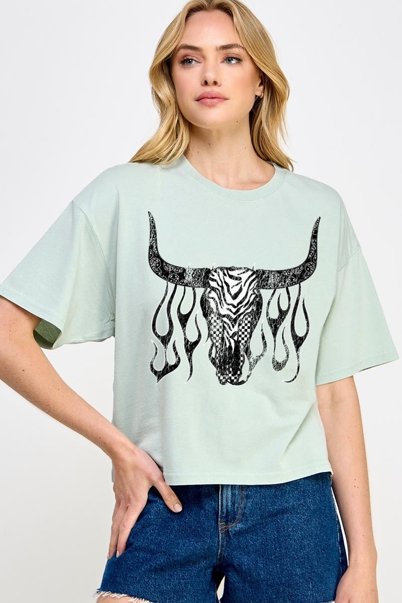CTS-E3176 Western Bullskull Graphic Relaxed Crop Top $11