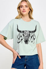 CTS-E3176 Western Bullskull Graphic Relaxed Crop Top $11