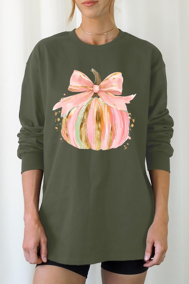 UL240-E3083 Brushstroke Pumpkin Graphic Long Sleeve Tee $13.75