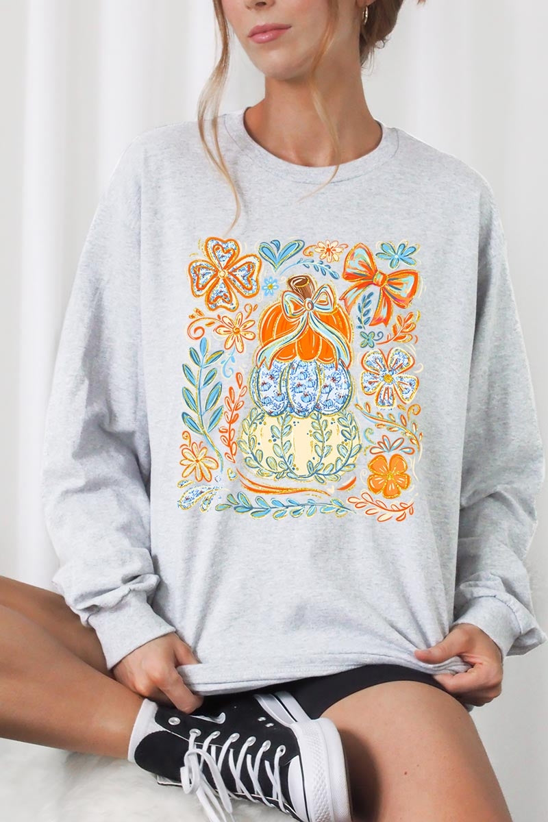 UL240-E3153 Floral Pumpkin Stack Graphic Long Sleeve Tee $13.75