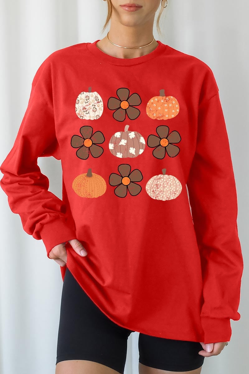UL240-E3117 Pumpkins & Flowers Fall Graphic Long Sleeve Tee $13.75