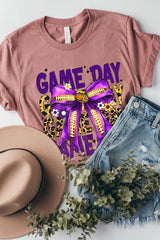 US3001-E3092 Purple Yellow Football Game Day Bow Graphic Tee $12.5