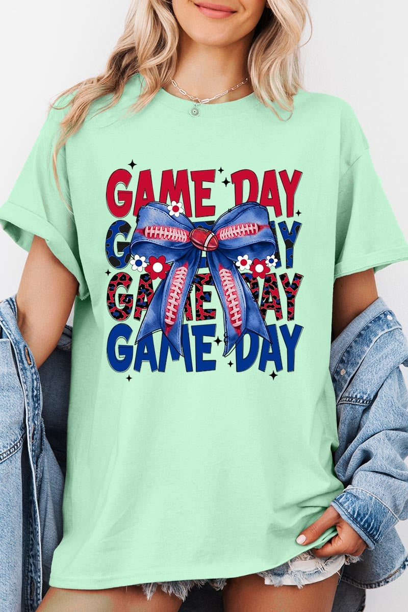 5000P-E3087 Red Blue Football Bow Plus Heavy Cotton Tee $12.75