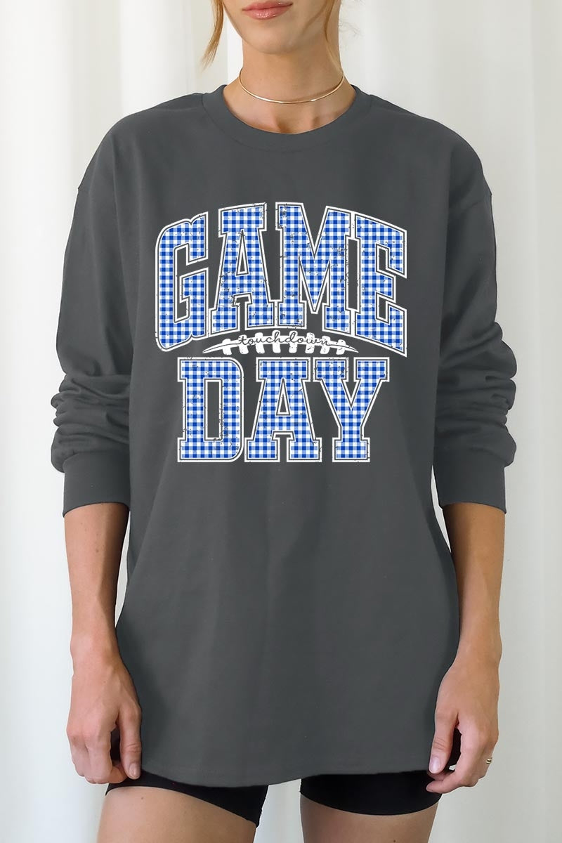 UL240-E3130 Blue Gingham Game Day Graphic Long Sleeve Tee $13.75