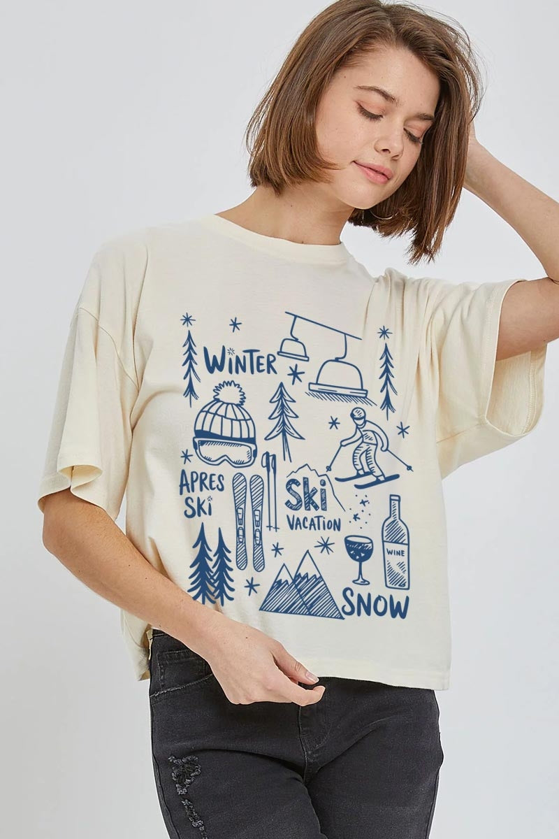 CTS-E3188 Ski Doodle Graphic Relaxed Crop Top $11