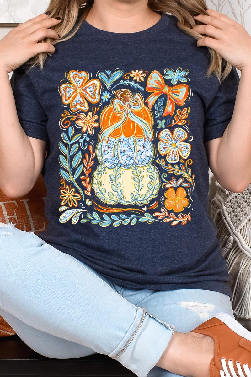 US3001P-E3153 Floral Pumpkin Stack Graphic Plus Tee $16