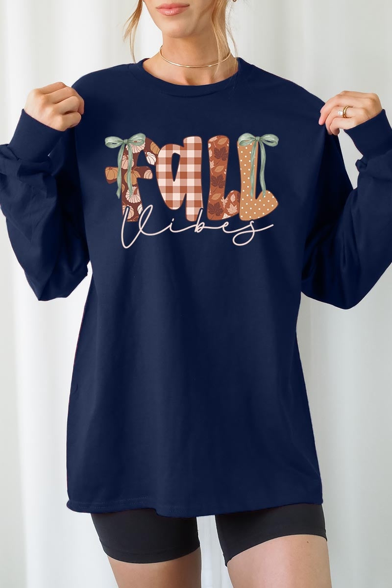 UL240-E3071 Fall Vibes Rustic Script Graphic Long Sleeve Tee $13.75