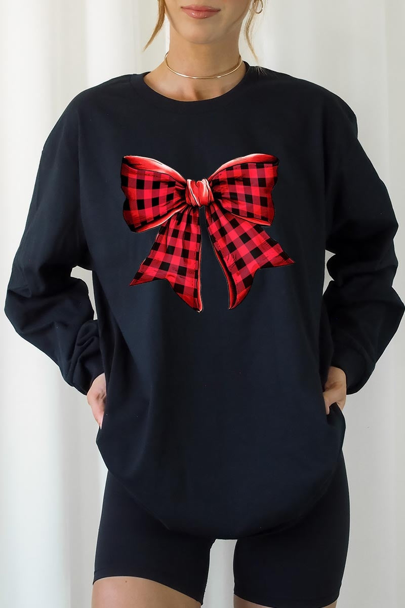 UL240P-E3198 Red Buffalo Plaid Bow Graphic Plus Long Sleeve Tee $17