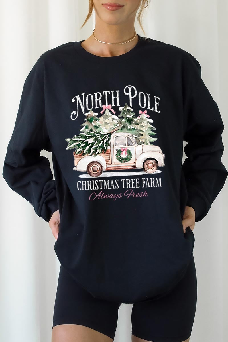 UL240-E3174 North Pole Christmas Graphic Long Sleeve Tee $13.75