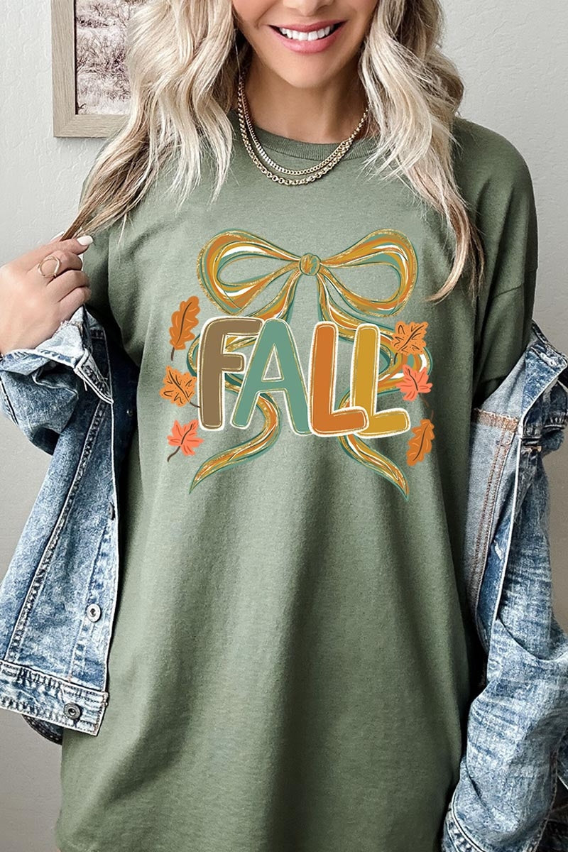 5000-E3121 Fall Brushstroke Bow Graphic Heavy Cotton Tee $9