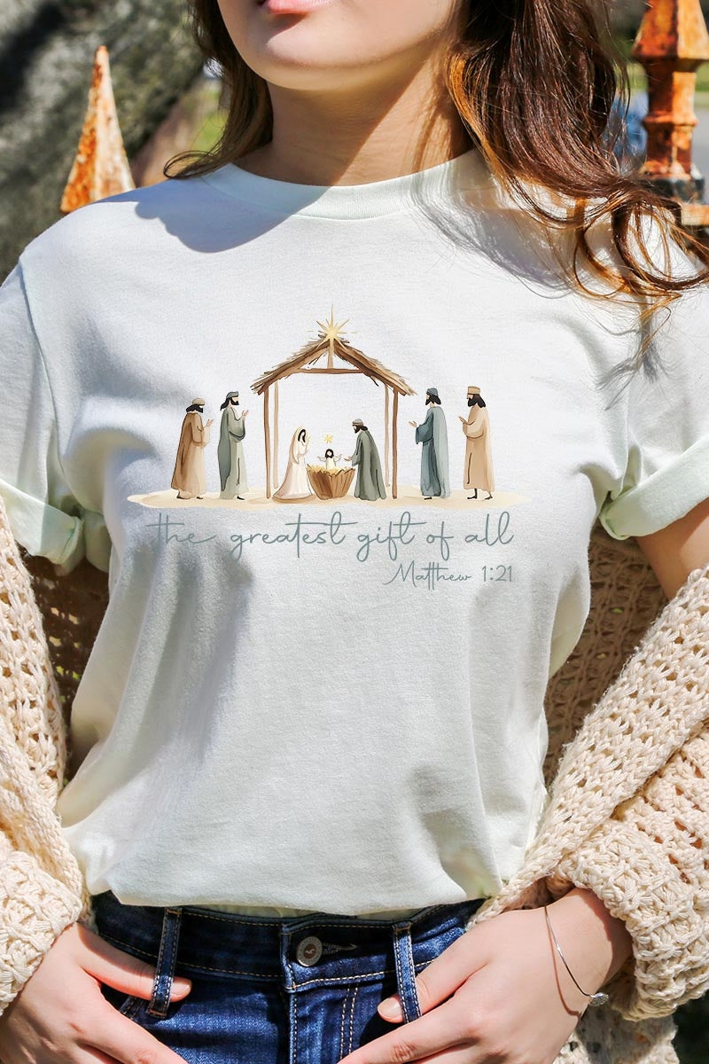 US3001-E3183 Nativity Gift Graphic Tee $12.5
