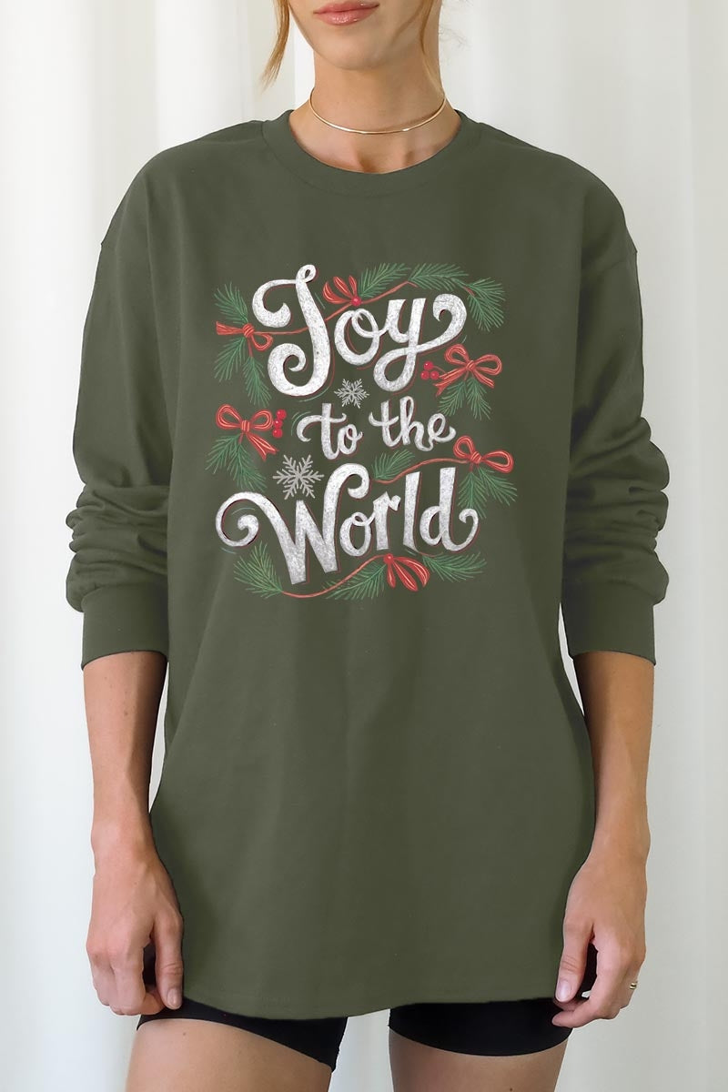 UL240P-E3221 Joy to the World Christmas Graphic Plus Long Sleeve Tee $17