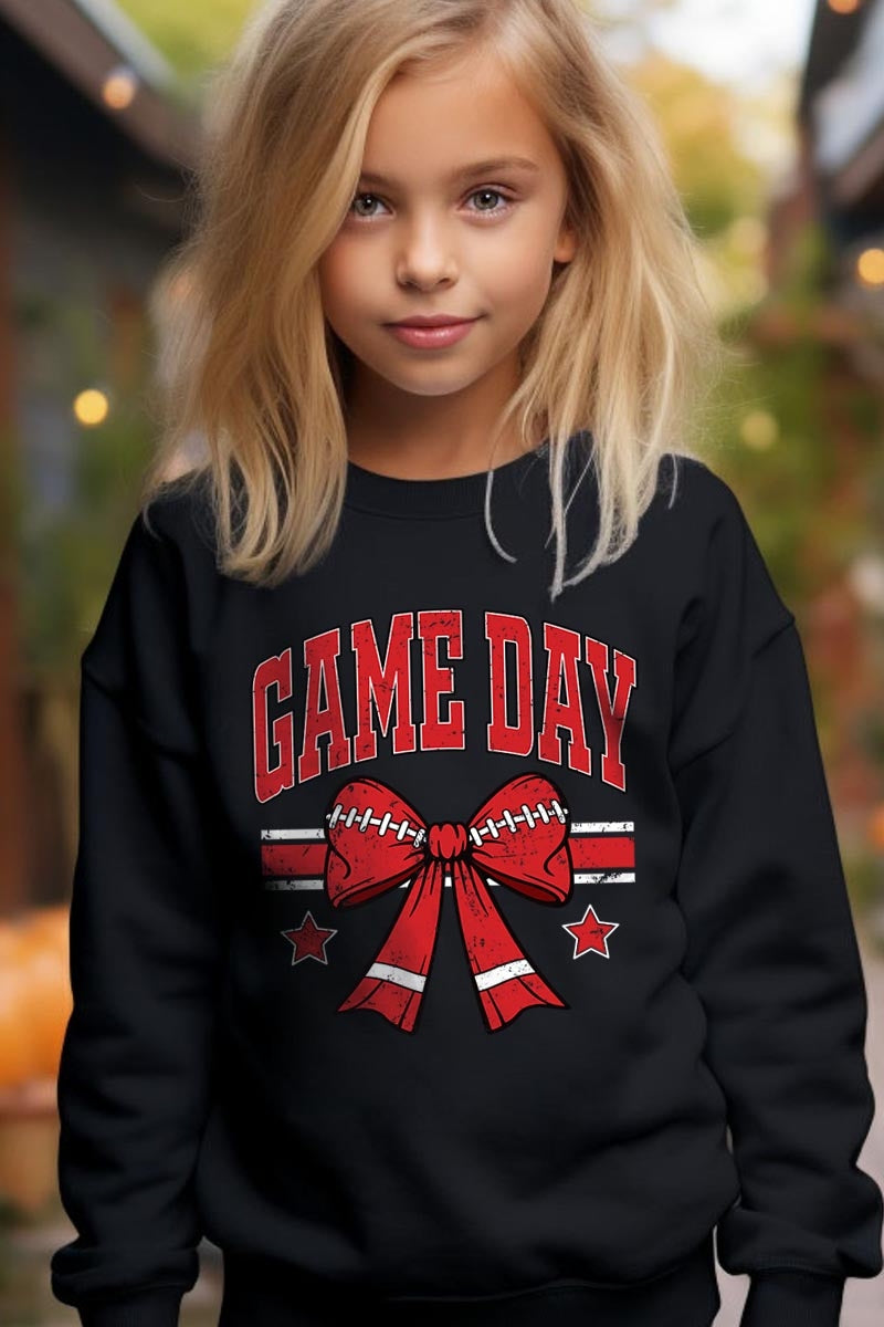 UL180B-E3062Z Red Game Day Football Bow Kids Graphic Sweatshirt $20