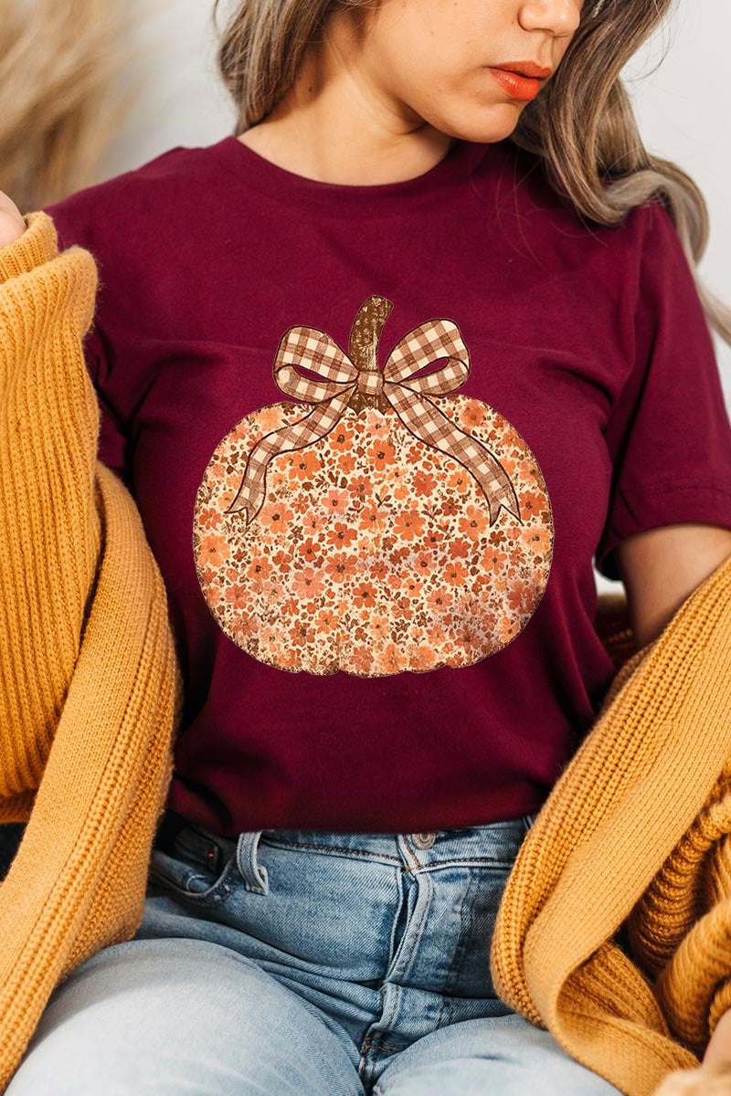 US3001-E3135 Floral Fall Pumpkin Graphic Tee $12.5