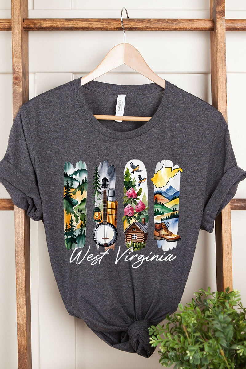 US3001P-E3061WV West Virginia State Brushstroke Graphic Plus Tee $16