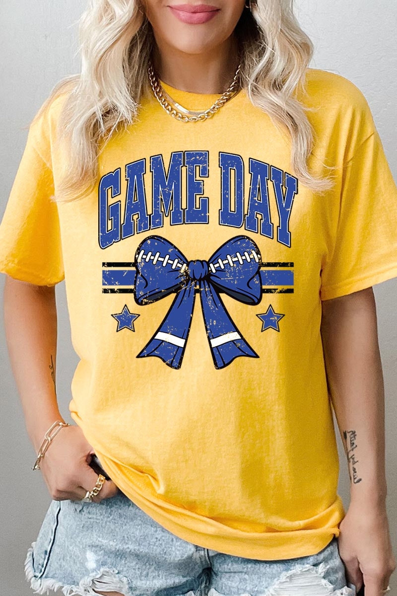 5000-E3065 Blue Football Bow Graphic Heavy Cotton Tee $9