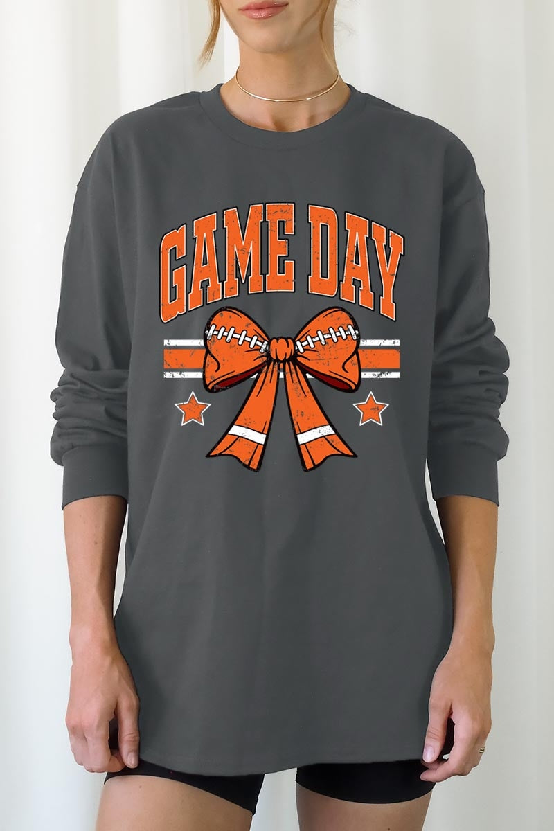 UL240-E3064 Orange Game Day Football Bow Long Sleeve Tee $13.75