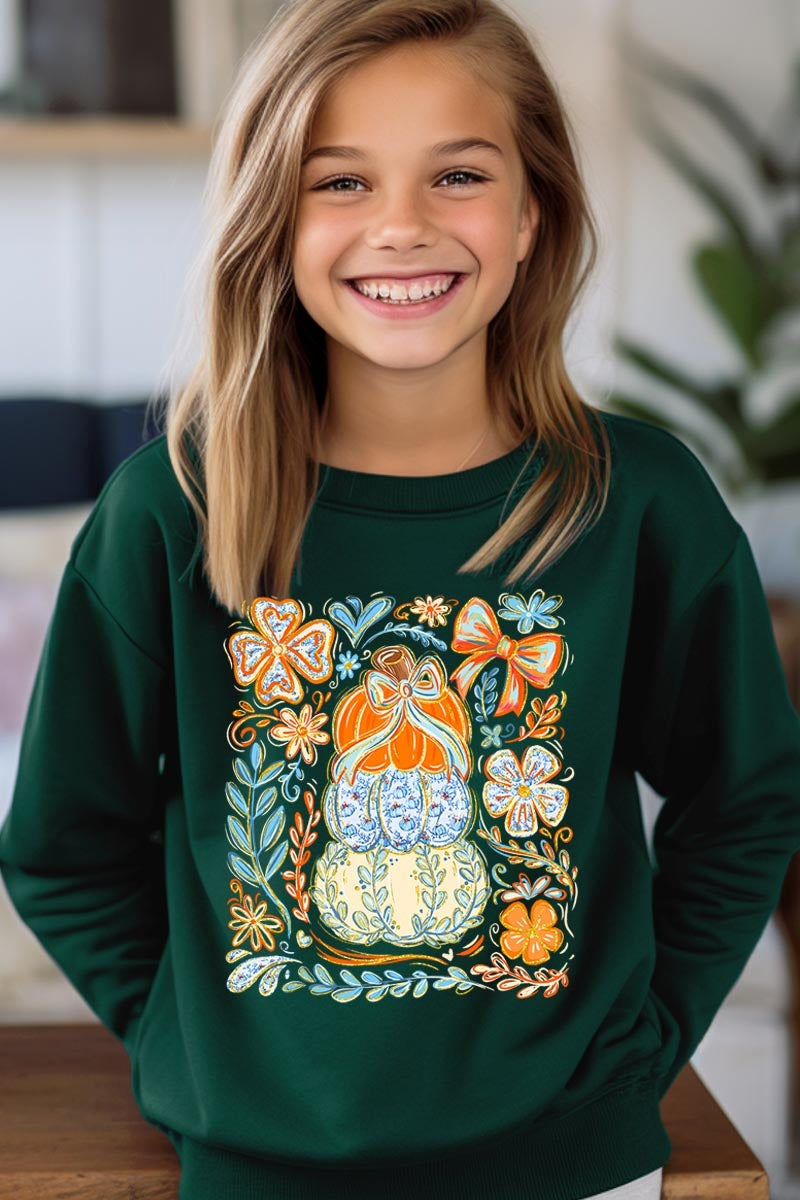 UL180B-E3153Z Floral Pumpkin Stack Kids Graphic Sweatshirt $20