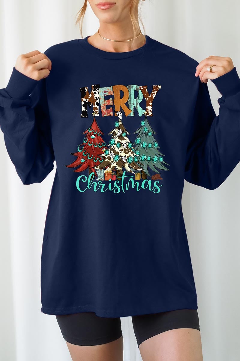 UL240-E3200 Merry Christmas Trees Graphic Long Sleeve Tee $13.75