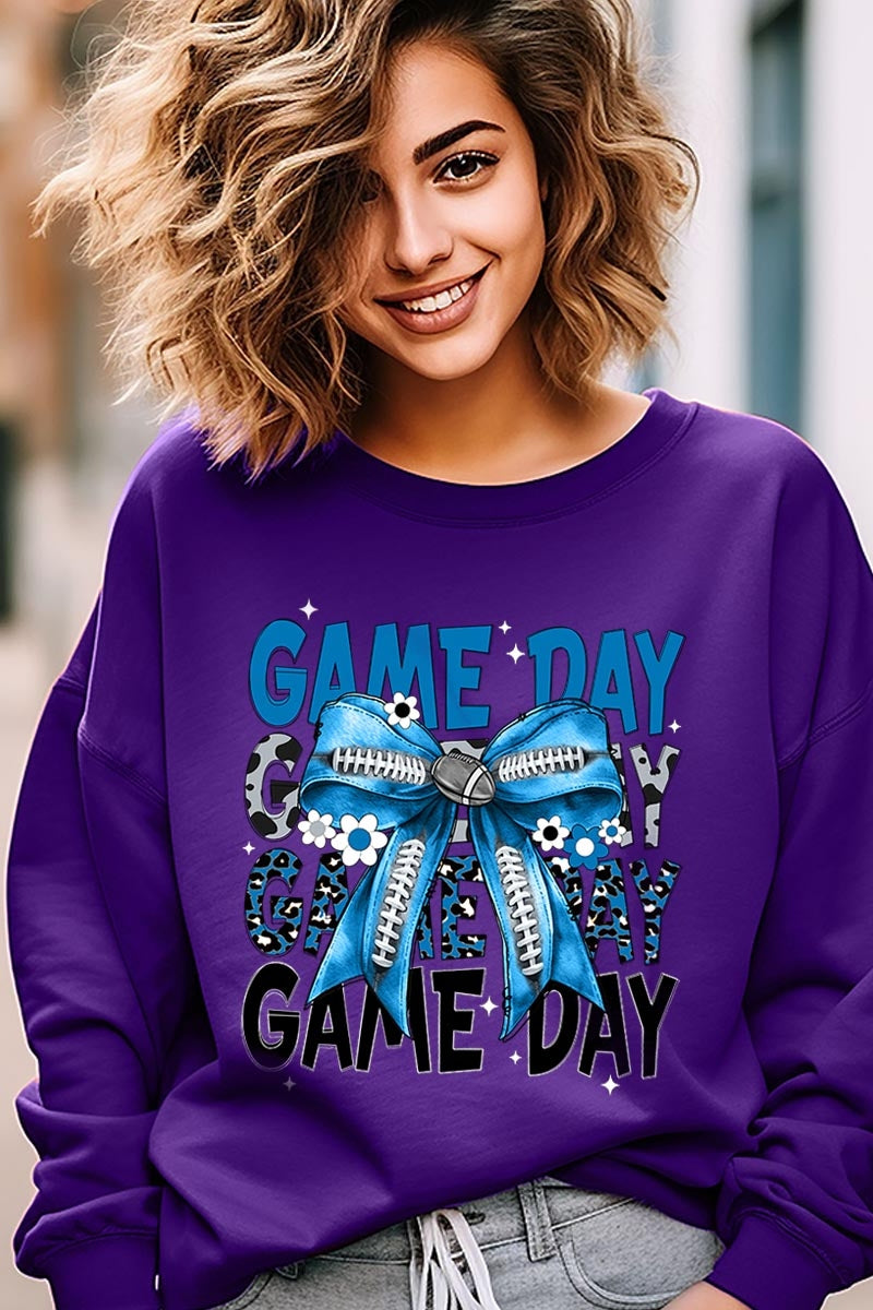 UL180-E3089 Blue Silver Football Game Day Bow Sweatshirt $20