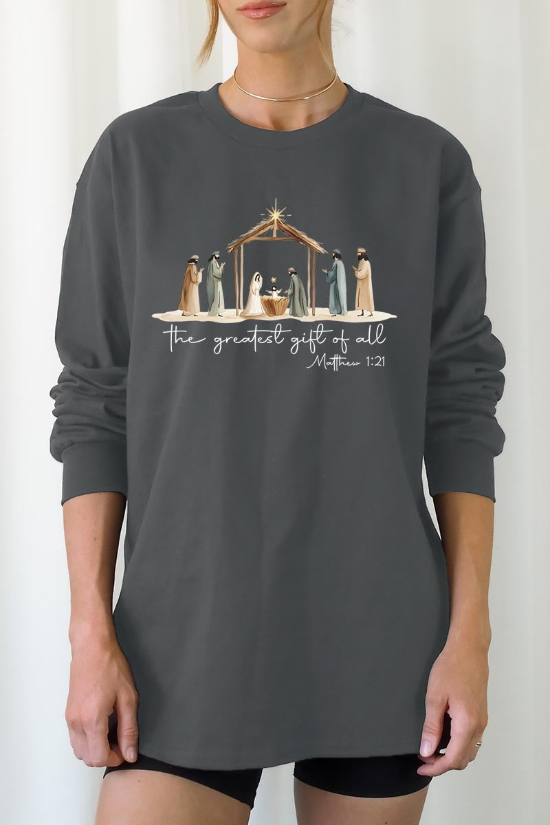 UL240P-E3183 Nativity Gift Graphic Plus Long Sleeve Tee $17