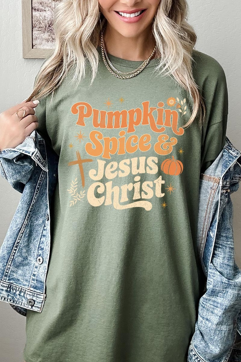 5000P-E3164 Pumpkin Spice & Jesus Graphic Plus Heavy Cotton Tee $12.75