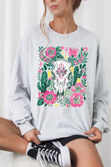 UL240-E3086 Western Floral Cow Skull Graphic Long Sleeve Tee $13.75