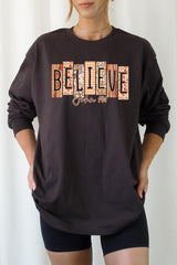 UL240-E3167 Believe Fall Christian Graphic Long Sleeve Tee $13.75