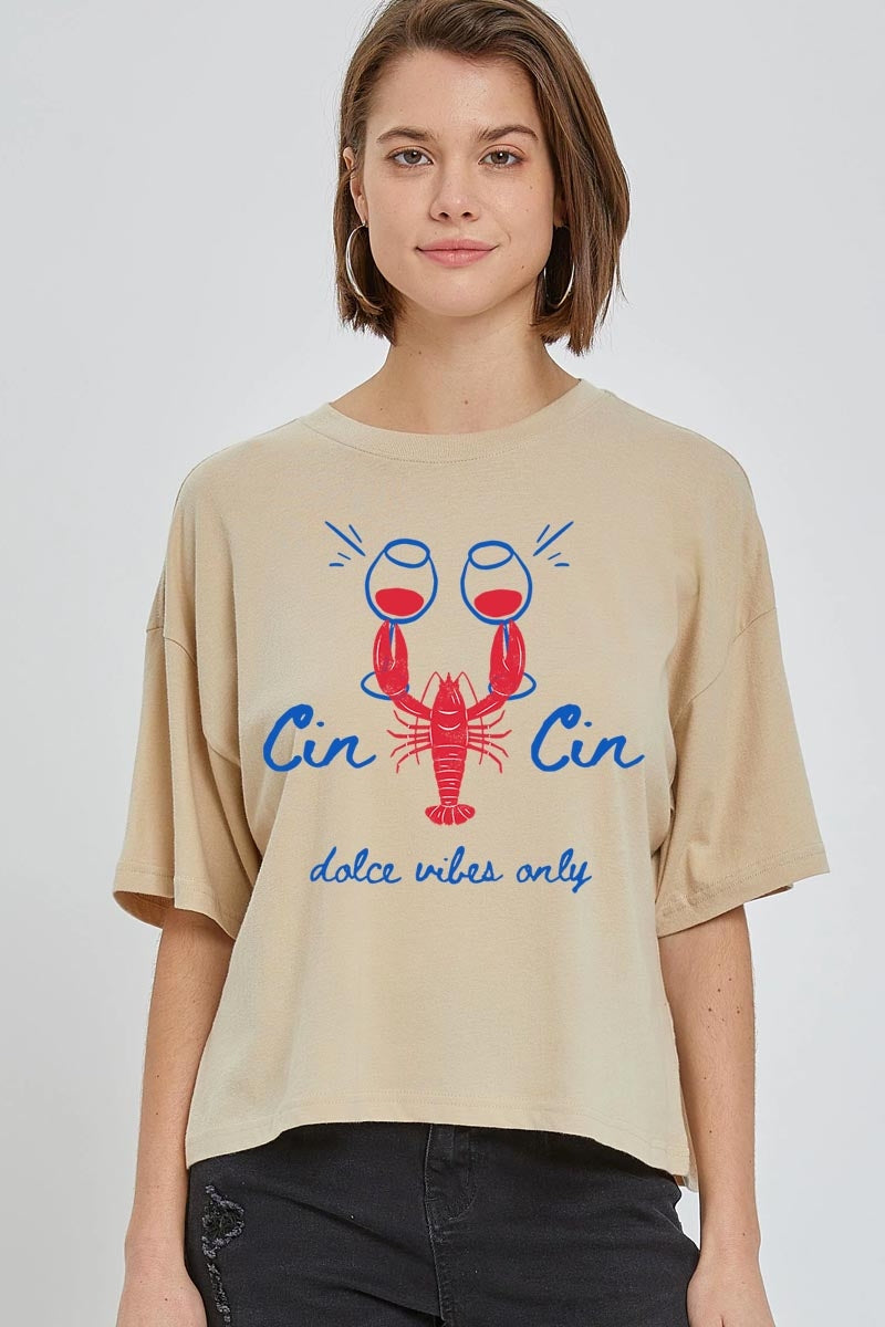 CTS-E3069 Cin Cin Lobster Graphic Relaxed Crop Top $11