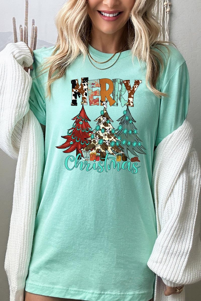US3001P-E3200 Merry Christmas Trees Graphic Plus Tee $16