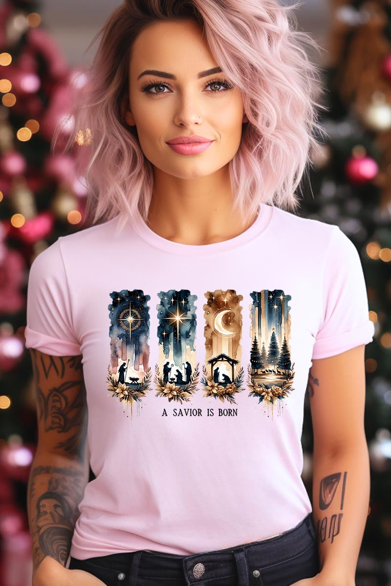 US3001-E3204 Savior Is Born Nativity Graphic Tee $12.5