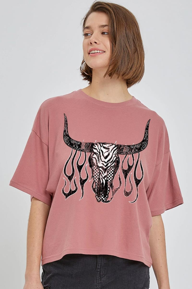 CTS-E3176 Western Bullskull Graphic Relaxed Crop Top $11