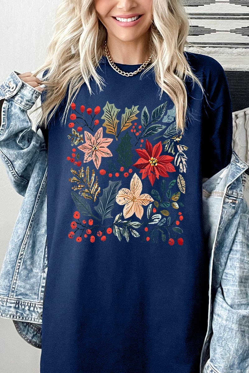 5000P-E3186 Floral Christmas Graphic Plus Heavy Cotton Tee $12.75
