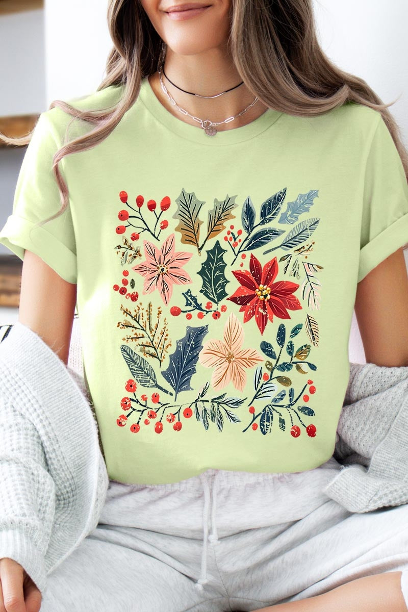 US3001P-E3186 Floral Christmas Graphic Plus Tee $16