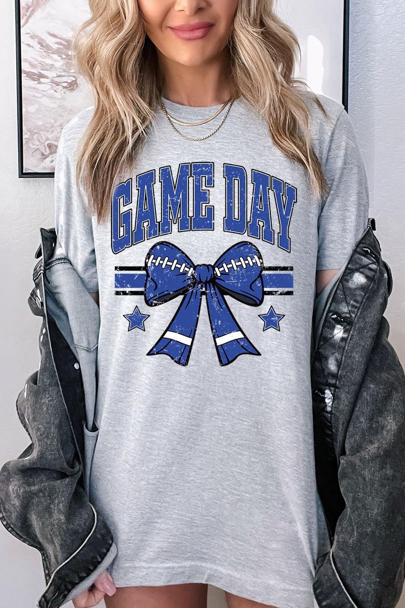 US3001P-E3065 Blue Game Day Football Bow Graphic Plus Tee $16