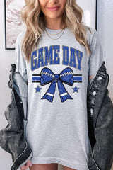 US3001-E3065 Blue Game Day Football Bow Graphic Tee $12.5