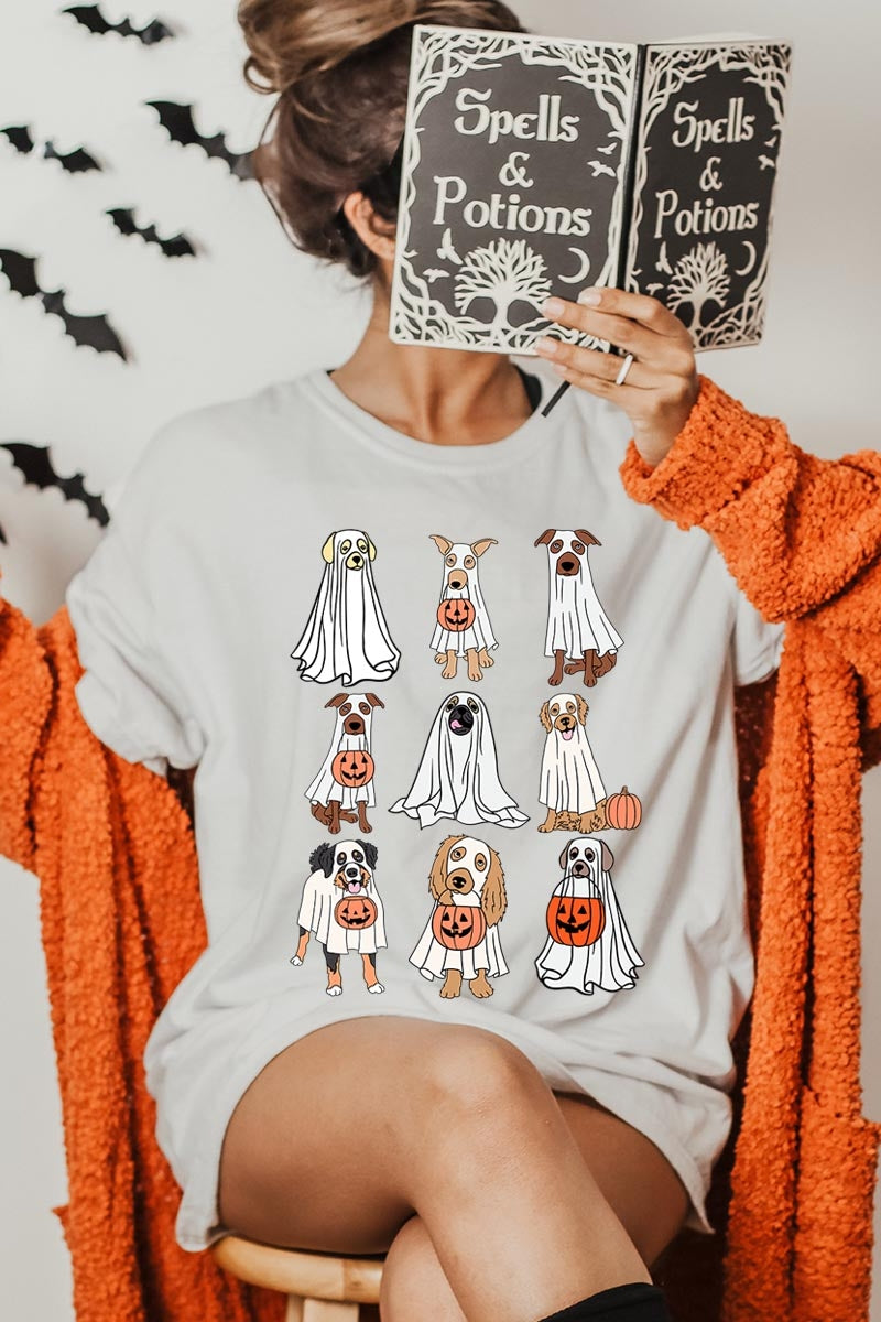 US3001P-E3106 Halloween Ghost Dog Graphic Plus Tee $16