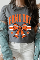 US3001-E3064 Orange Game Day Football Bow Graphic Tee $12.5