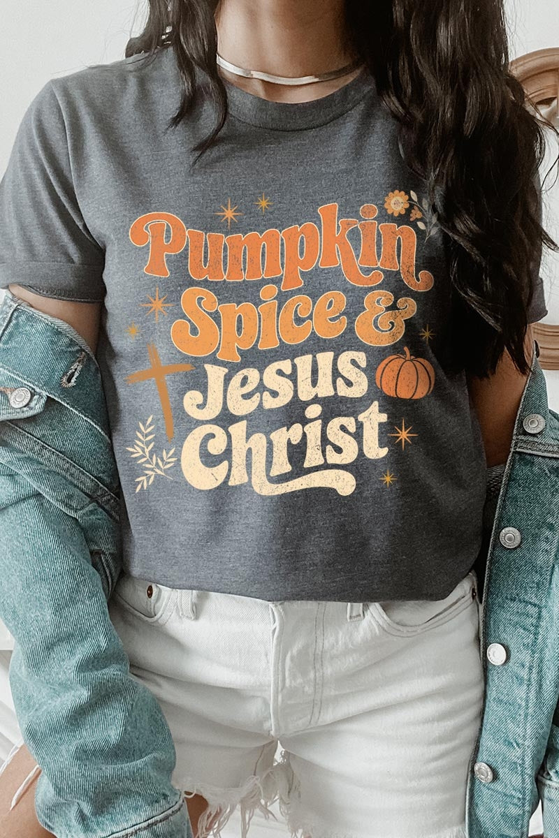 US3001P-E3164 Pumpkin Spice & Jesus Graphic Plus Tee $16