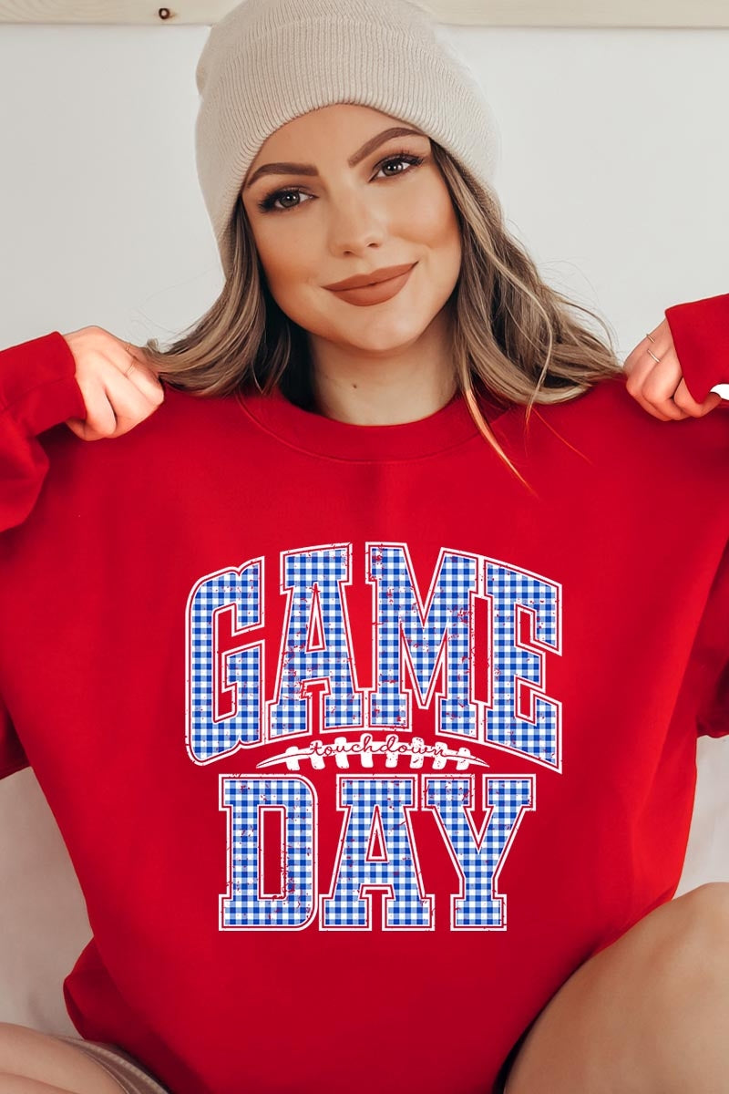 UL180P-E3130 Blue Gingham Game Day Graphic Plus Sweatshirt $25