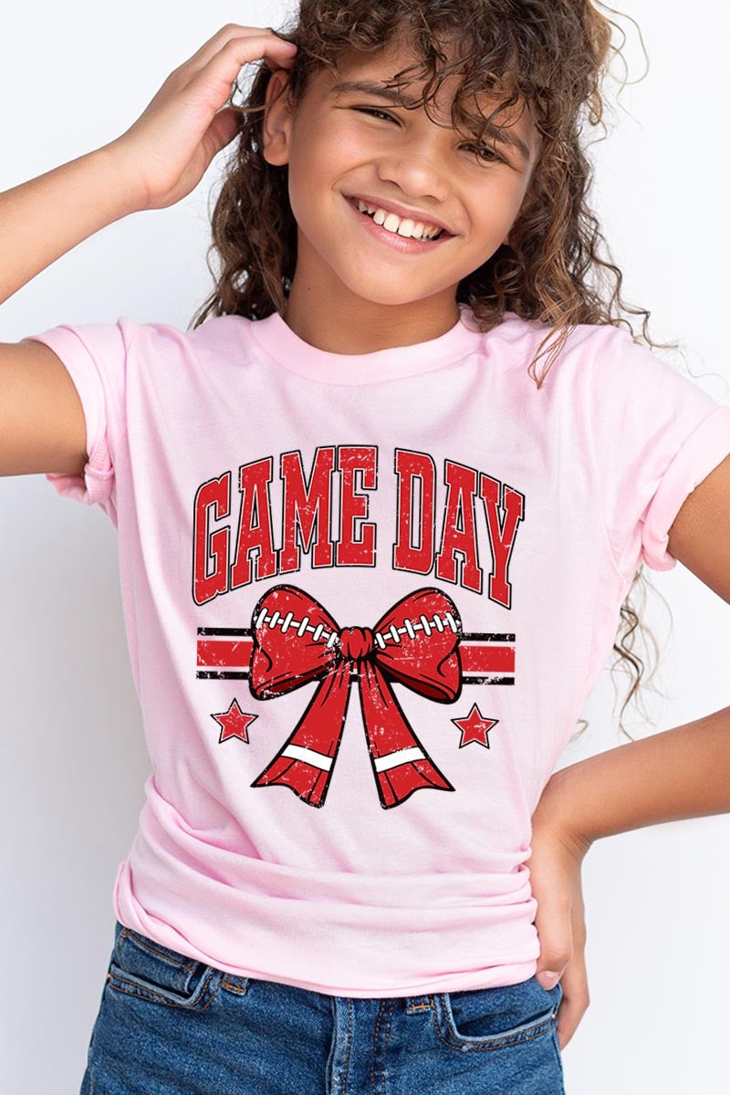 US3001Y-E3062Z Red Game Day Football Bow Kids Graphic Tee $11