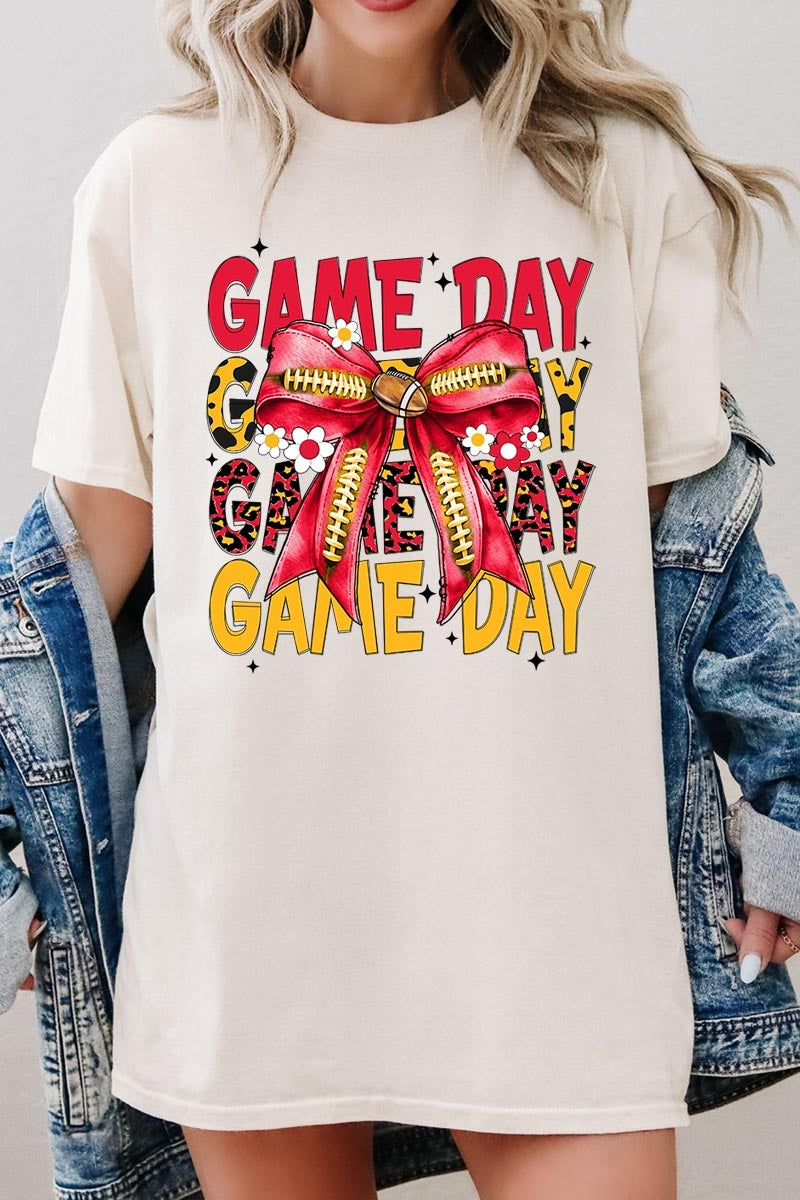 5000-E3091 Red Yellow Football Game Day Bow Heavy Cotton Tee $9