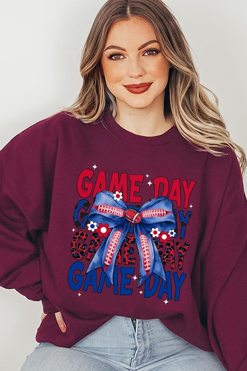UL180-E3087 Red Blue Football Game Day Bow Graphic Sweatshirt $20