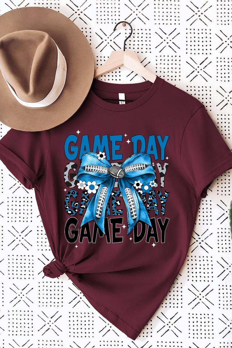 US3001P-E3089 Blue Silver Football Game Day Bow Graphic Plus Tee $16