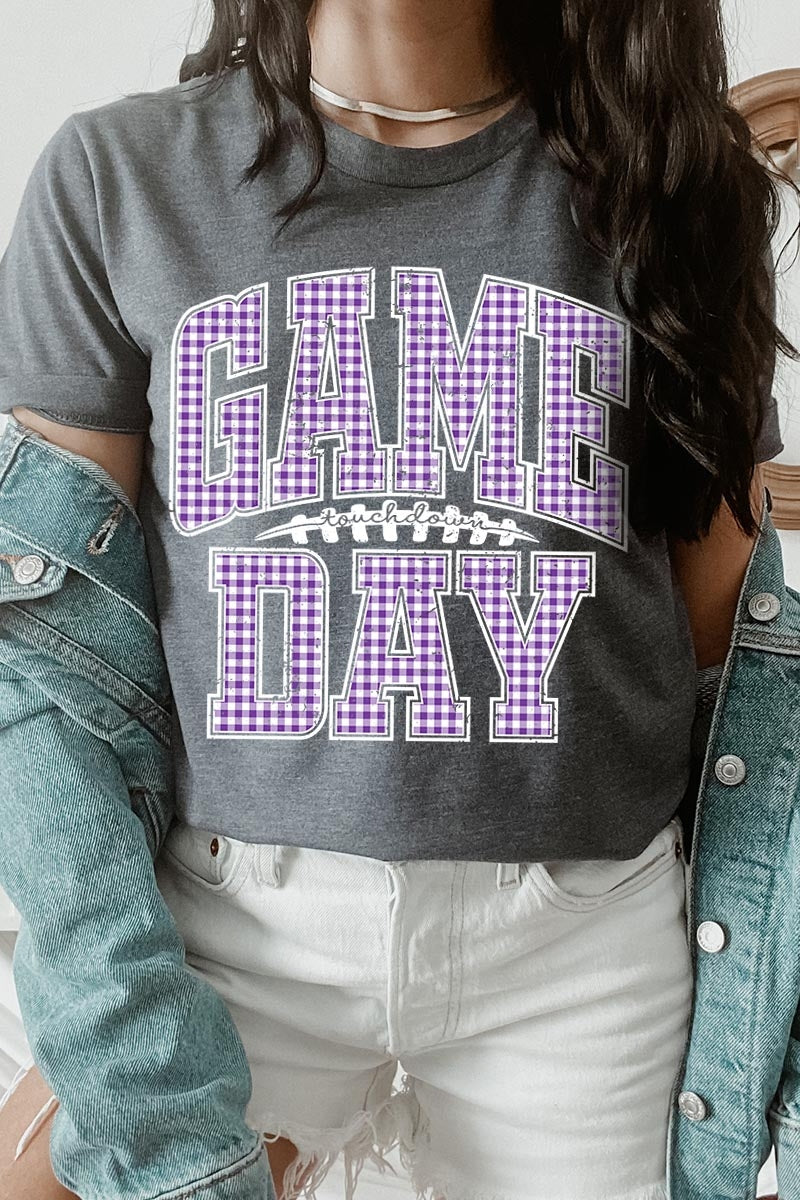 US3001P-E3127 Purple Gingham Game Day Graphic Plus Tee $16