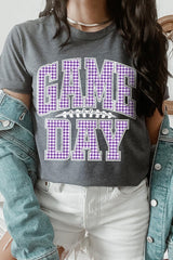 US3001-E3127 Purple Gingham Game Day Graphic Tee $12.5